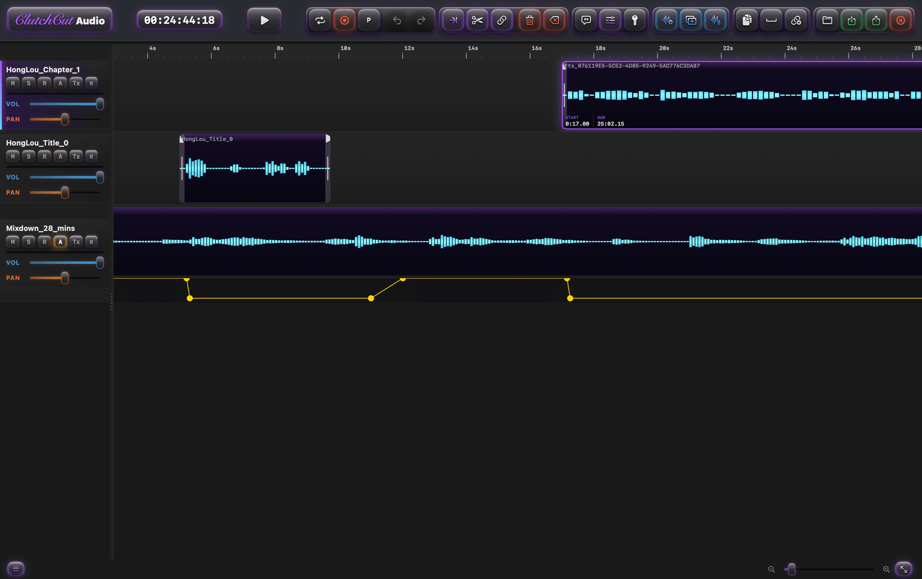 Auto-Duck & Mastering — voice track ducks the mixdown with yellow volume automation envelope