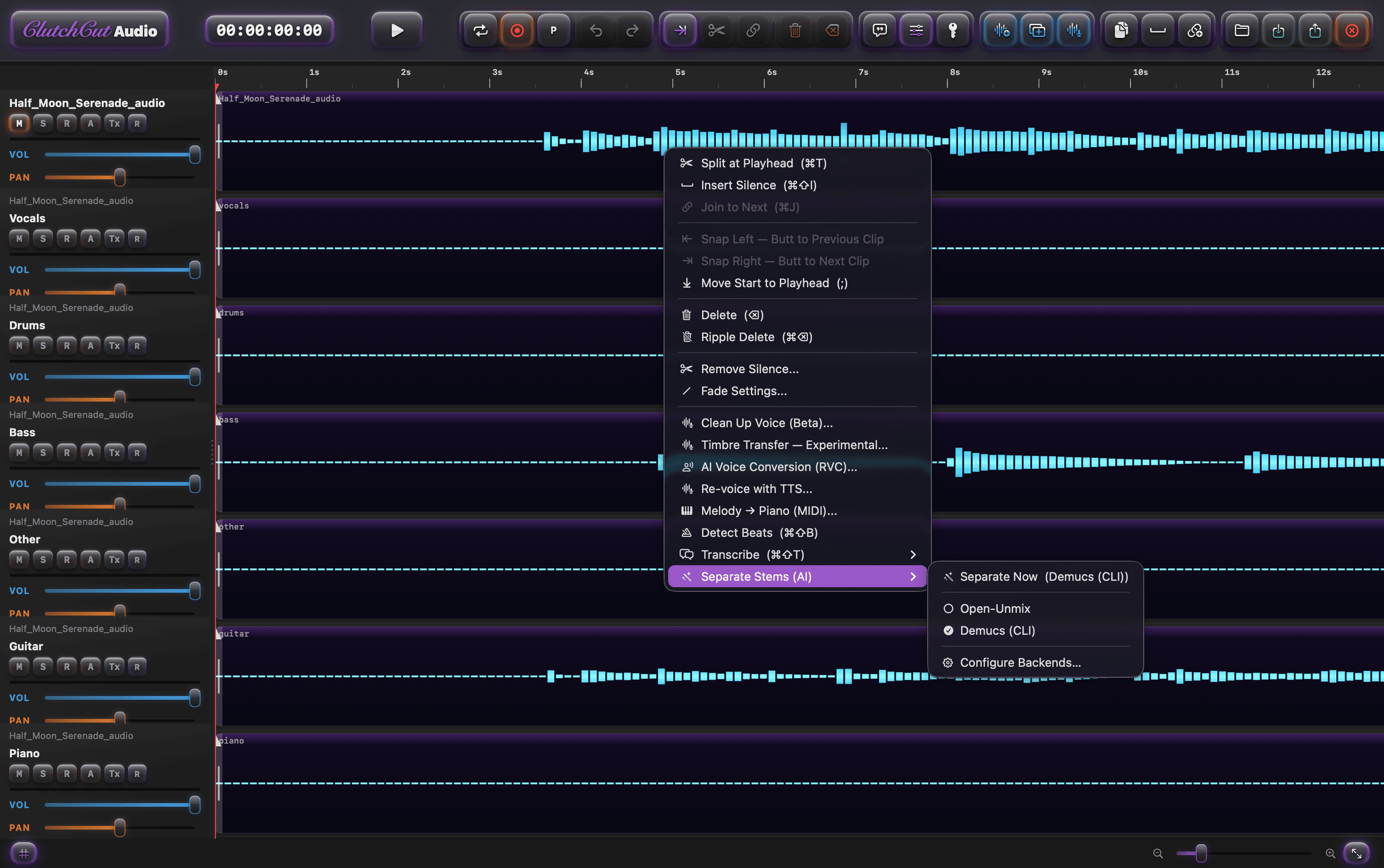 AI Stem Separation — 6 separated tracks with context menu showing Separate Stems