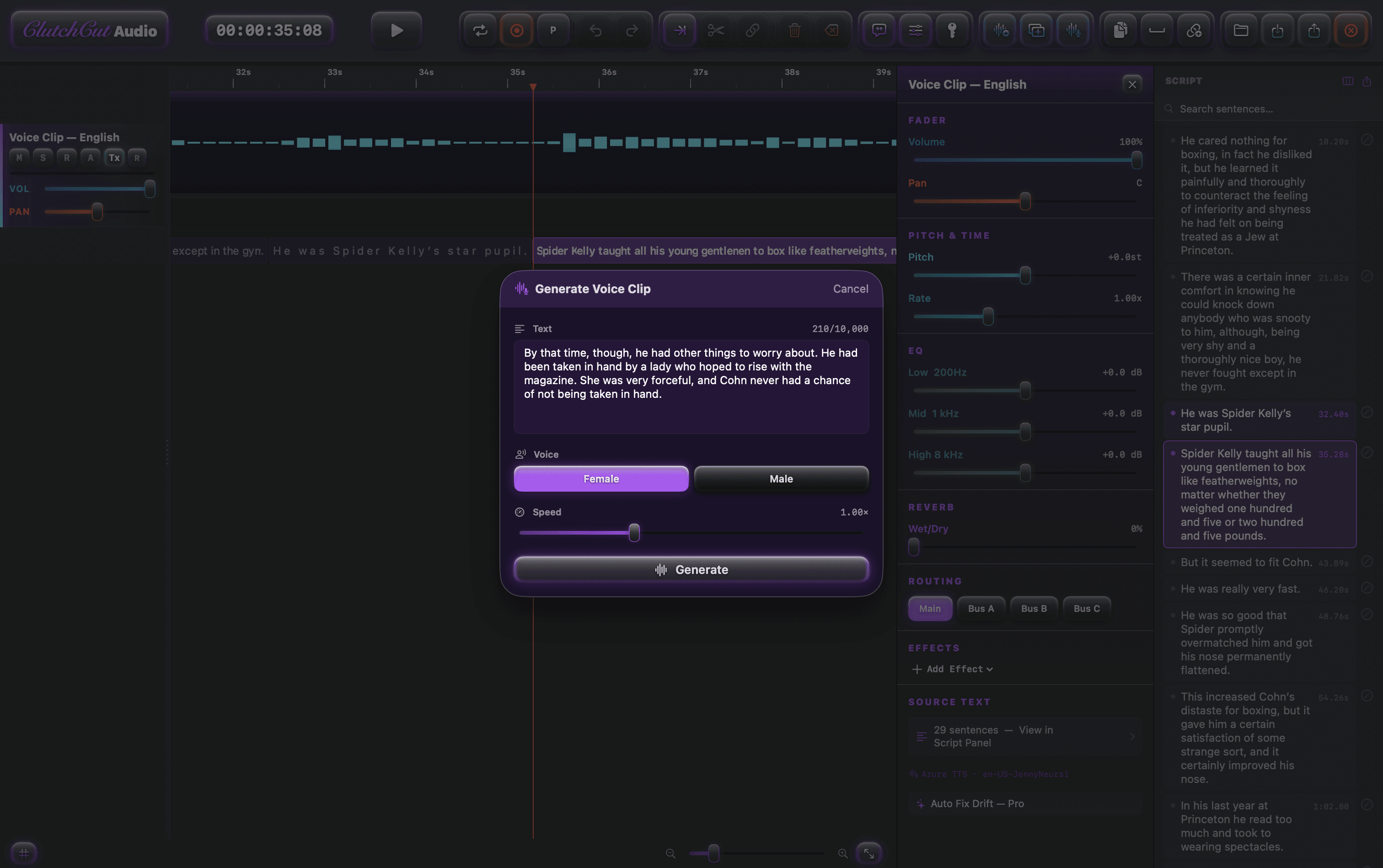 Built-in Voice Studio — Script Panel, Generate Voice Clip dialog, and timeline