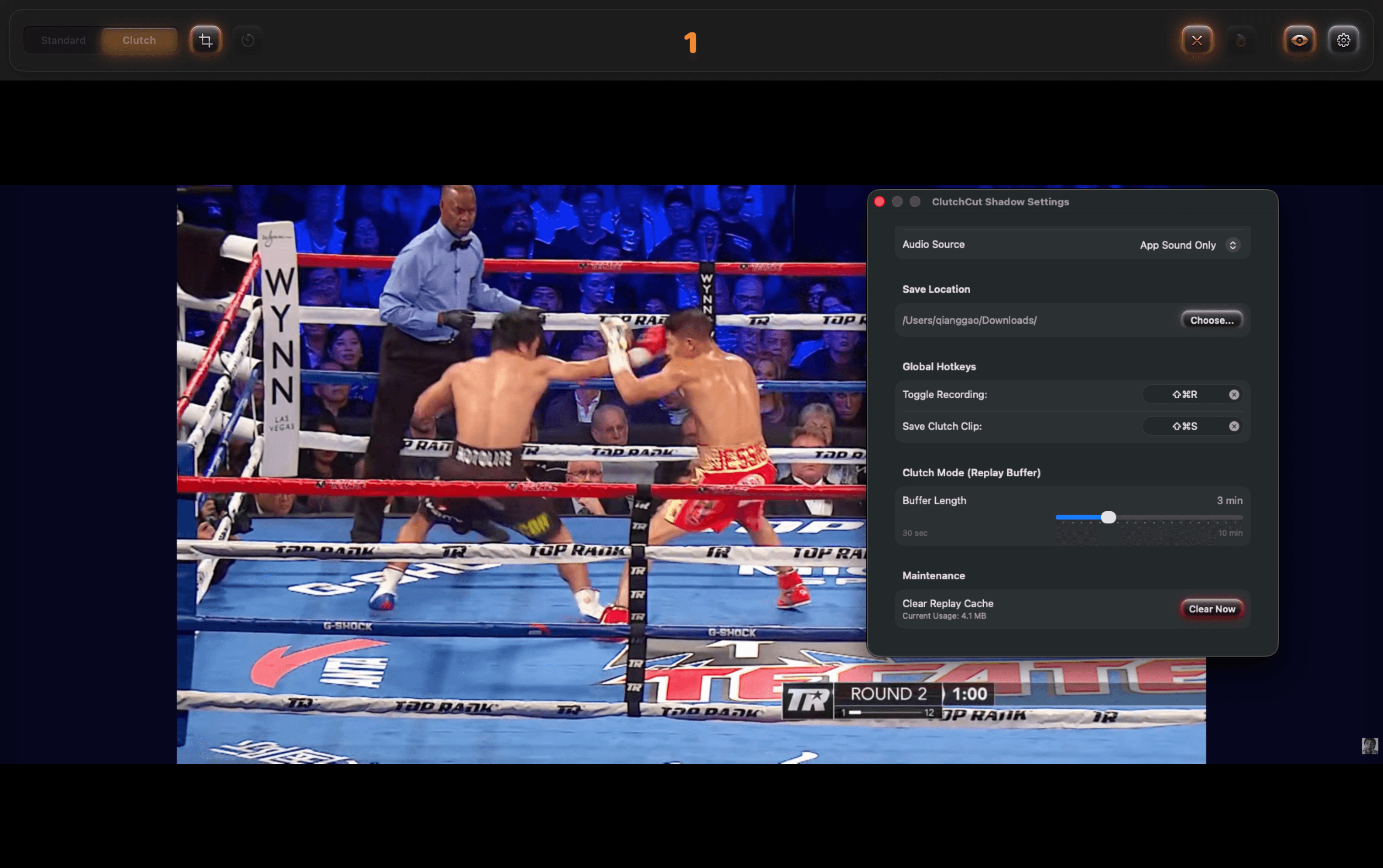 Shadow Clutch mode — floating HUD in Clutch mode over a live recording with the Replay Buffer settings panel showing 3 min buffer length and Save Clutch Clip hotkey