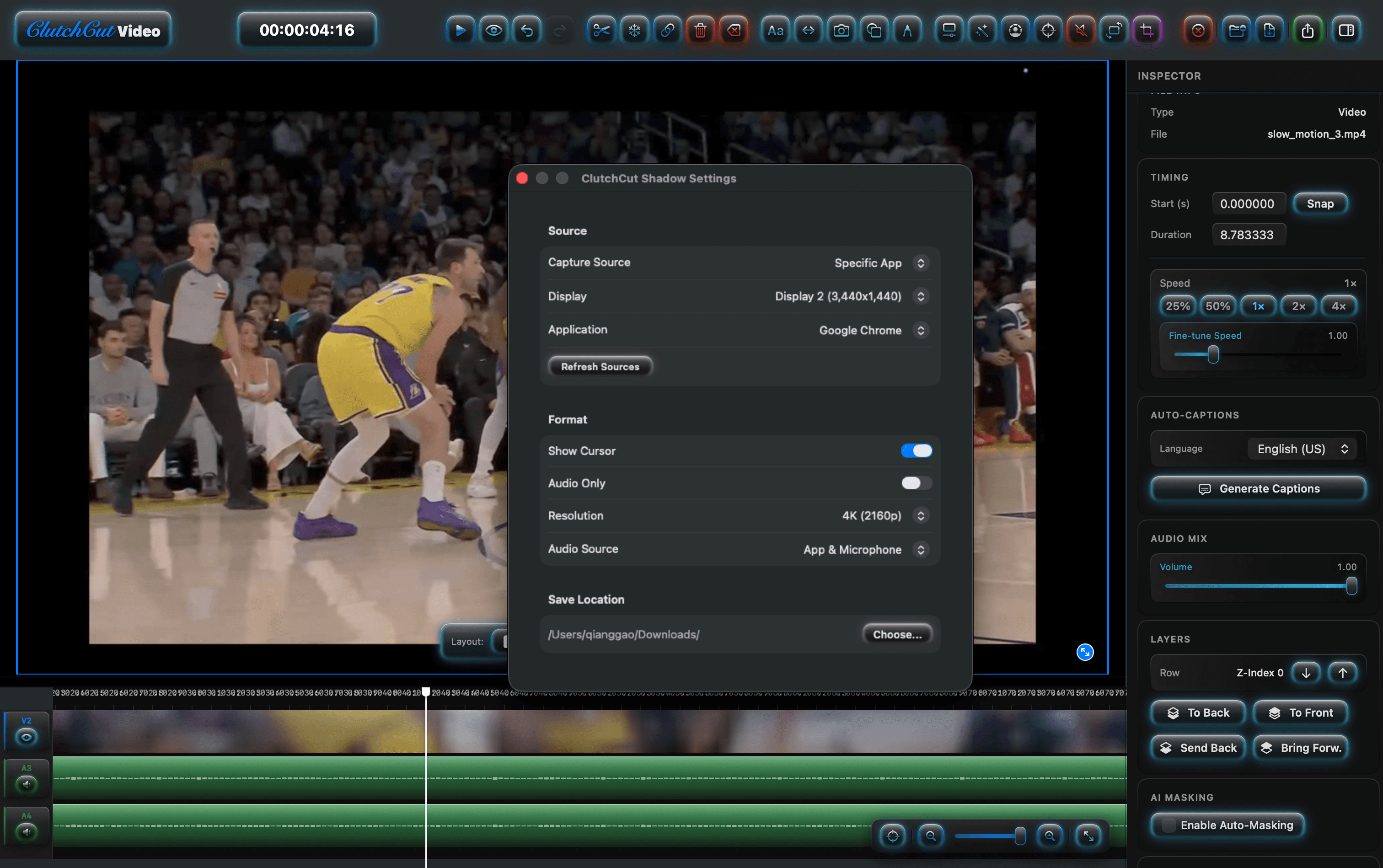 Shadow Settings with Audio Source set to App & Microphone, and the resulting recording opened in ClutchCut Video showing two separate audio tracks on the timeline