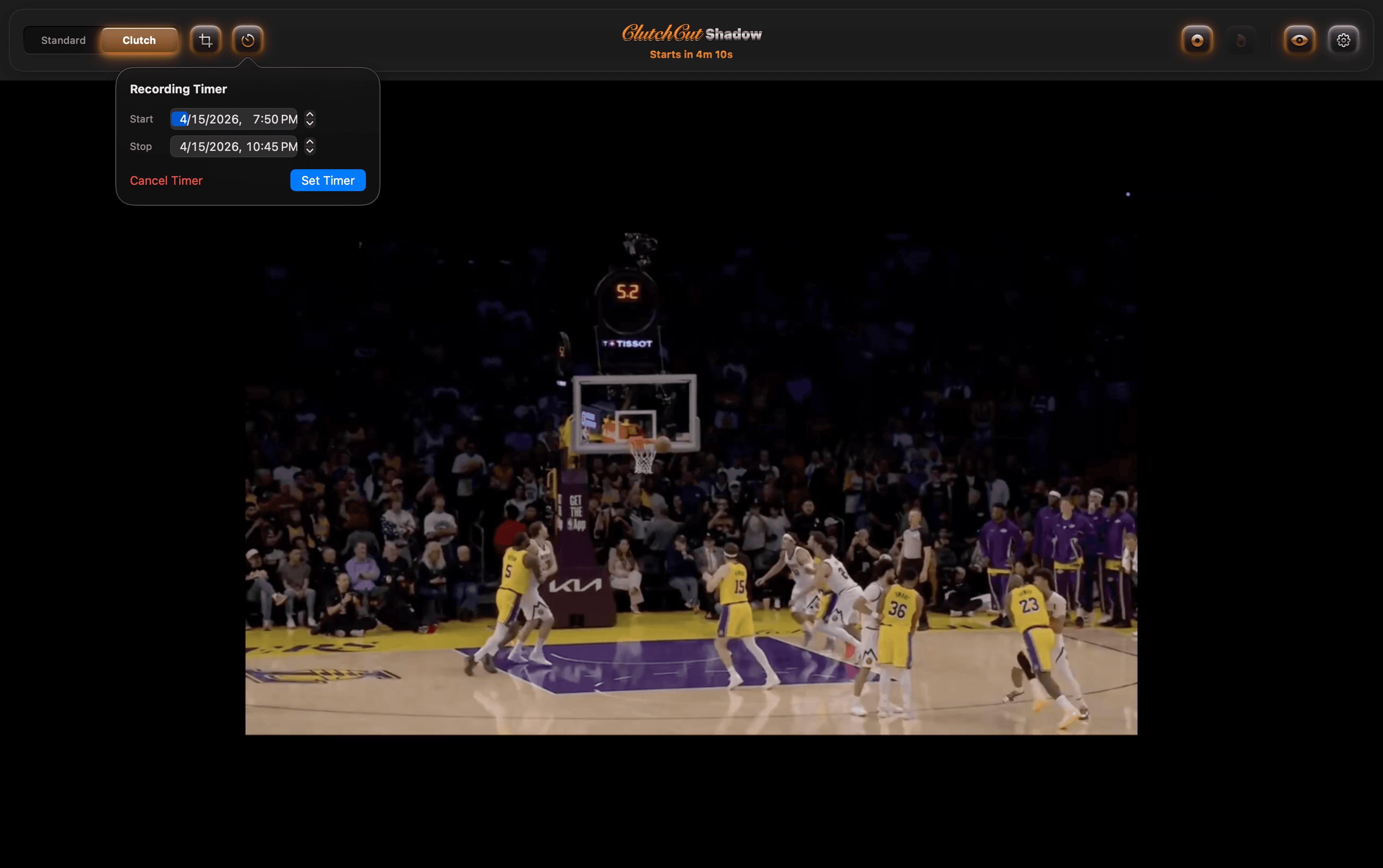 Recording Timer popover with Start and Stop datetimes, HUD showing 'Starts in 4m 10s' countdown