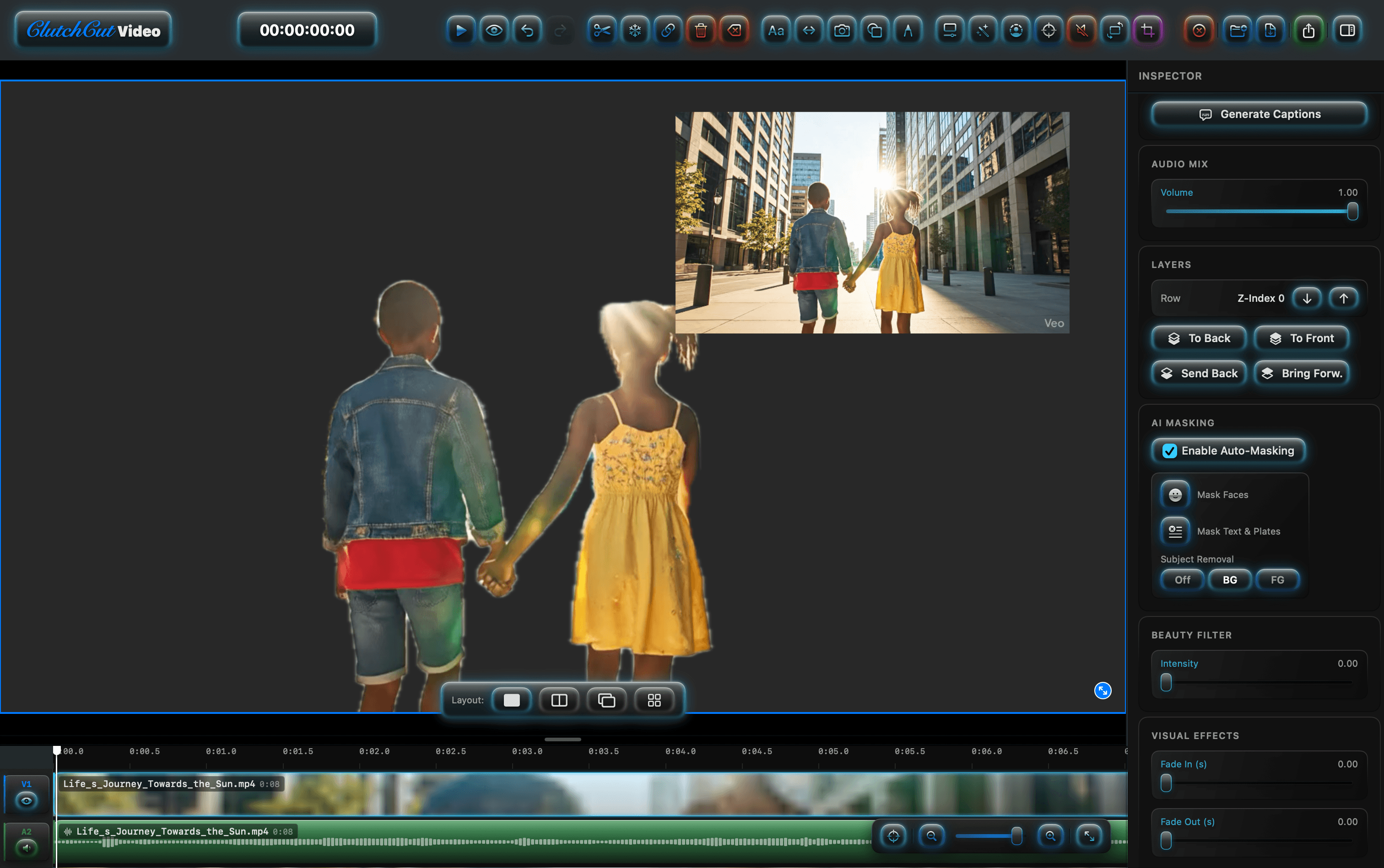 AI Background Removal — subjects isolated from background with one toggle