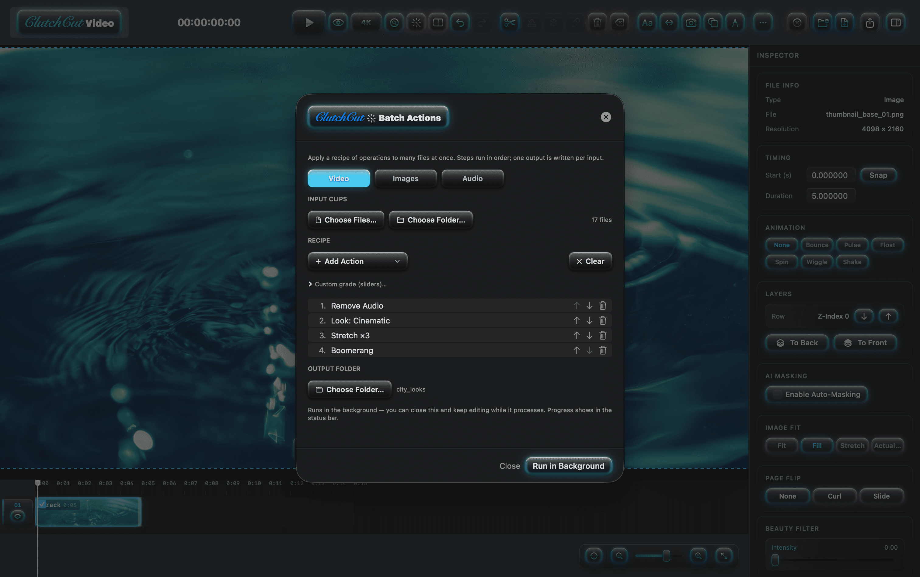 Batch Actions — a recipe of operations applied to many files at once, running in the background