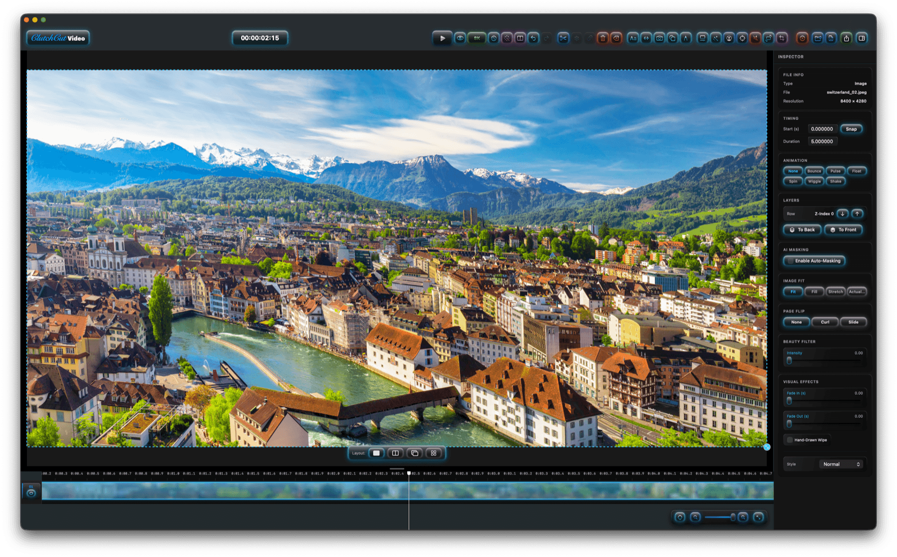 Editing in 8K — full timeline and inspector with a high-resolution canvas