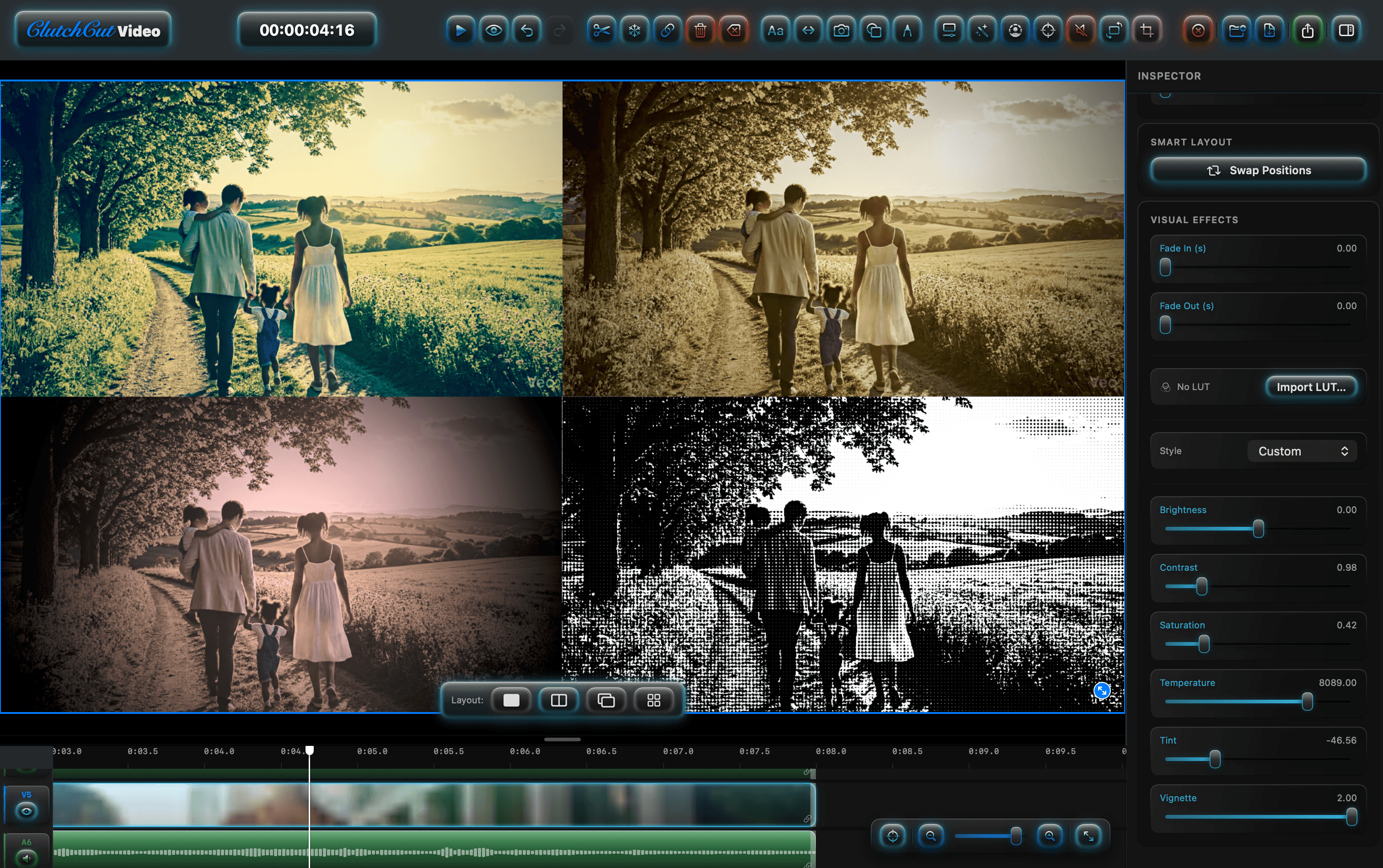 Visual effects and color grading — 4-up comparison with inspector controls