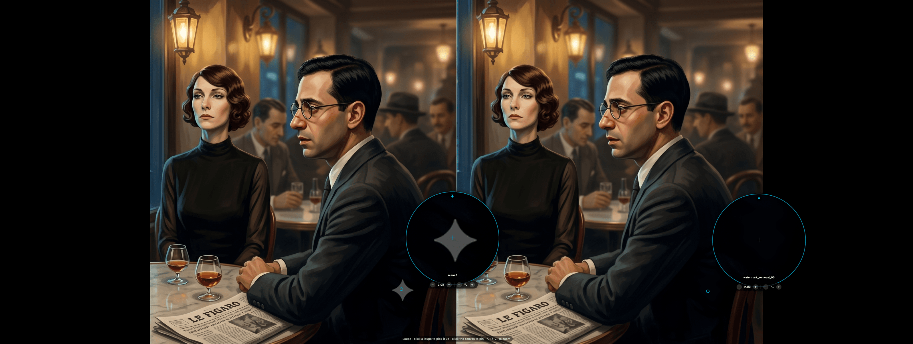 Erase Watermark — before and after comparison with magnifier loupes showing the mark painted out