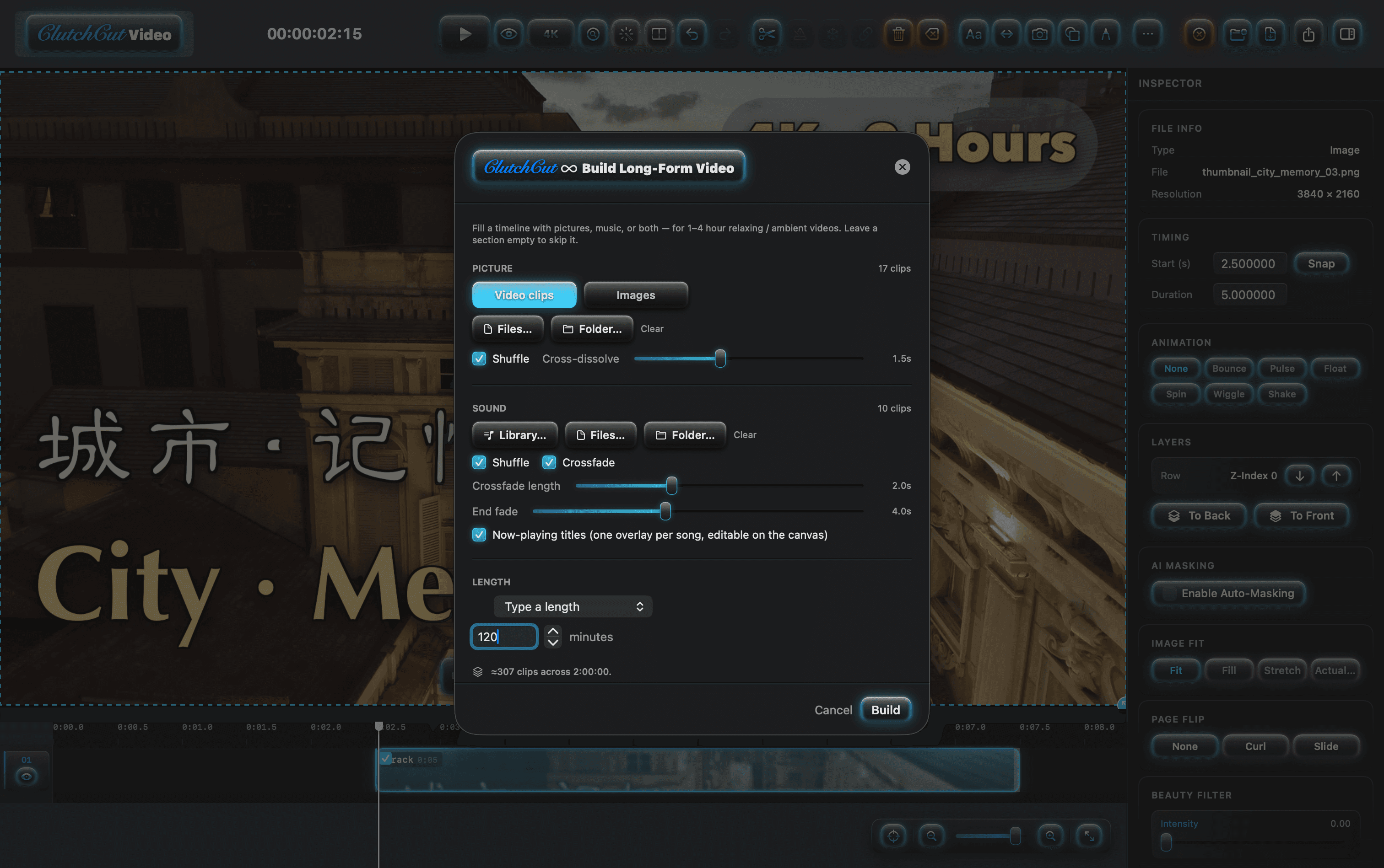 Build Long-Form Video — pick clips and music, choose a length, and ClutchCut assembles the whole timeline