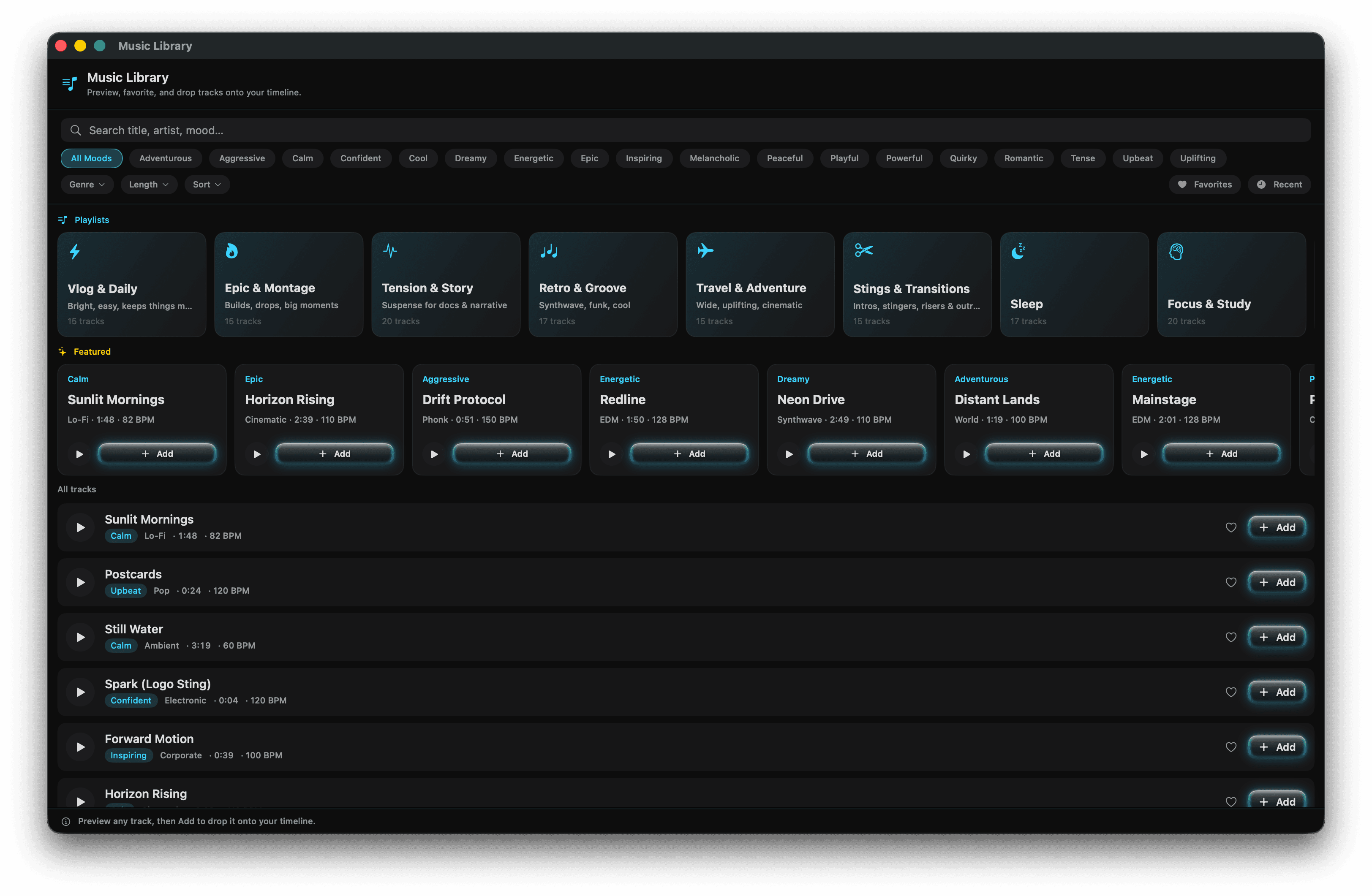 Music Library — browse 180+ original tracks by mood, genre, and playlist, preview and add in one click