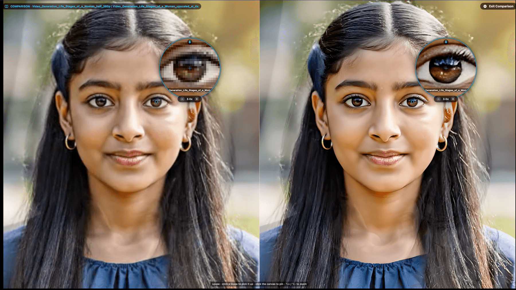 AI Upscaling — before and after with the eye magnified to show reconstructed detail